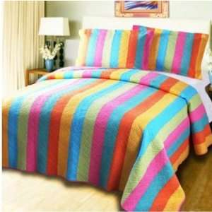 Fun Stripes Style 3 Piece Patchwork Quilt Bedding Bed Set Pillowcases 