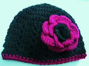 BLACK & Raspberry PINK Handmade Crochet CHILD HAT & Rose PiN Knit 