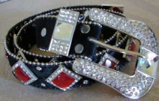 Leather Western BLACK Mirror Belt Crystal COWGIRL LARGE  