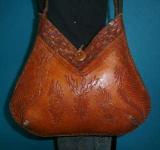   70s Brown Tooled Leather Hobo Tote Shoulder Bag Purse Boho  