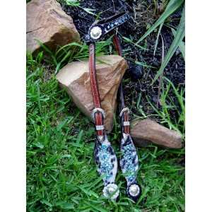  BRIDLE WESTERN LEATHER HEADSTALL BLACK AND WHITE HAIRON 