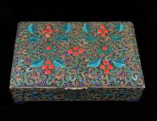 Antique Chinese Cloisonne Enamel Box Coral Inlay   
