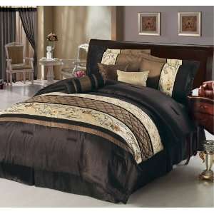  7Pcs Queen Coffee Floral Embroidered Comforter Set