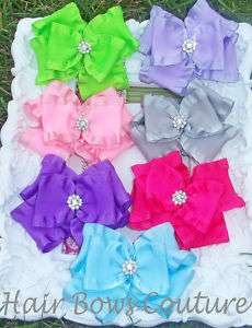 Double Ruffle Boutique Hair Bow Baby Toddler Crystal  