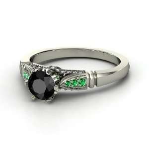Elizabeth Ring, Round Black Diamond 14K White Gold Ring with Emerald 