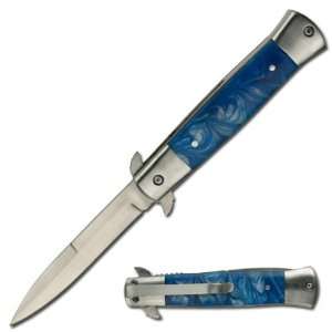  Stiletto Style Spring Assisted Knife W/ Blue Pearl Handle 