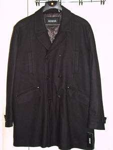 Mens Guess Double Breasted Black Wool Pea Coat PCoat Jacket Coat XXL 