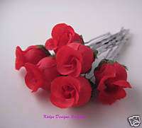 Red Silk Rosebud Hair Pins~ Bridal Prom Wedding  