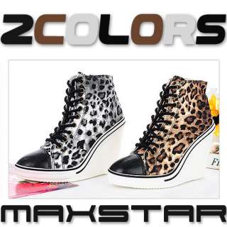 MaxStar 777 Women Leopard Trendy Super Wedge Sneakers Shoes 2 Colors 