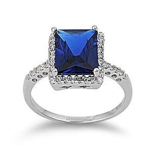  Silver Ring with Blue Sapphire and Clear Topaz CZ   Size 