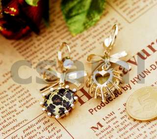 E4 Leopard Heart Gold Bowknot Dangle Earrings   Gold Heart BEST GIFT 