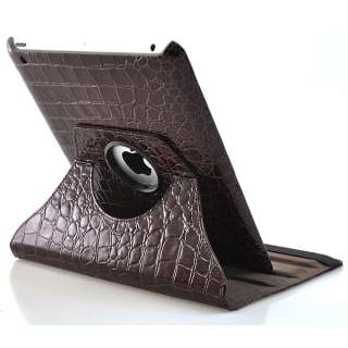 For iPad 2 Brown 360°Rotating Stand Crocodile Leather Magnetic Smart 
