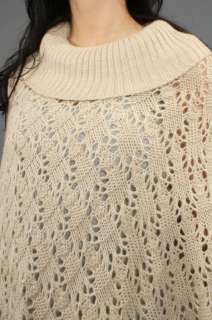 Vintage 70s Bone ANGORA Crochet FRINGE Cutout COWL NECK Cape BOHO 