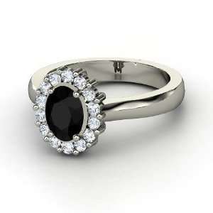 Princess Kate Ring, Oval Black Onyx 14K White Gold Ring with Diamond