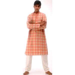  Pink Kurta Set with Checks in Weave   Pure Cotton 