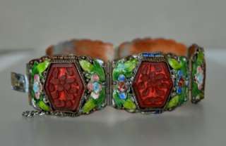 Antique Chinese Carved Cinnabar Enamel Flowers Leaves Silver Copper 