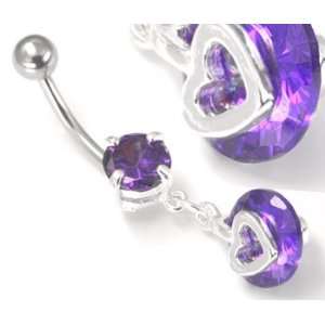  16 Prong Set Gem with Dangle Heart Clamped Gem Navel Jewelry  Purple