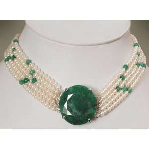 Beautiful Handmade Natural Fresh Water Pearl & Emerald Beaded Choker 