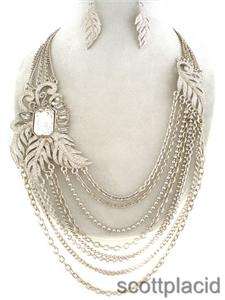Chunky Silver Tone Leaf Theme Crystal Bib Costume Jewelry Earring 