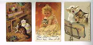 POSTCARDS CATS LOT #4 ORIGINAL 1906+ SINGING, IN BARN, GIRL WITH CAT 