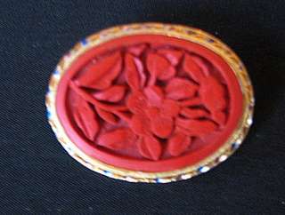 HAND CARVED CINNABAR FLORAL OVAL PIN, VERMEIL STERLING  