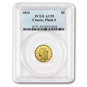  1834 $5 Gold Half Eagle Classic Head Plain 4 AU 55 PCGS 