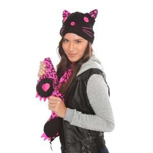  Too Fast Pink & Black Leopard Print Kitty Cat Beanie Hat 