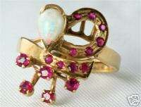 VINTAGE 18K GOLD OPAL RUBY RETRO 1940S COCKTAIL RING  