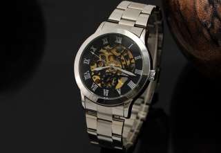   Dial Automatic Skeleton Mechanical Mens Sport Watch Silver Band  