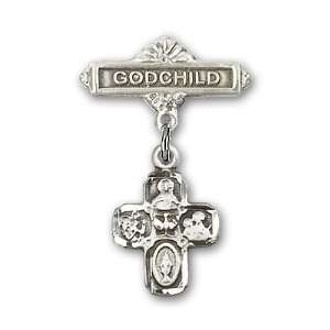   Silver Baby Badge with 4 Way Charm and Godchild Badge Pin Jewelry