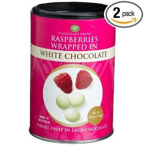 Chocolate Grove Rasberries Wrapped in White Chocolate, 3.5 Ounce Tins 