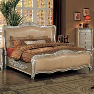   Gold Leather Queen King Panel Sleigh Bed 4 Pc Bedroom Set  
