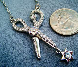 COSMETOLOGIST RHINESTONE SCISSORS PENDANT RHODIUM PLATED MAGNETIC 