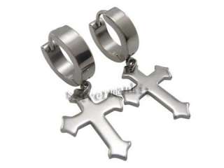 Mens Silver Dangle Cross Stainless Steel Huggie Earrings SE01  