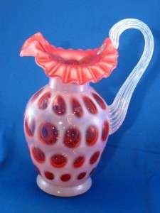 Fenton 9 Cranberry Opalescent Coin Dot Pitcher, Signed  