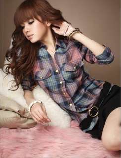 New arrival Womens Plaid Blouse Long sleeve checked button front 
