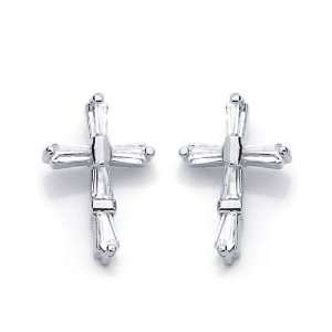  14K White Gold Plated Sterling Silver Cross CZ Stud Screw 