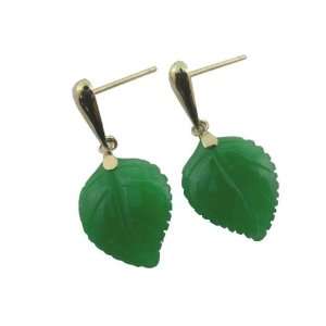  Green Jade Round Leaf Dangle Earrings, 14k Gold Jewelry