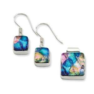   Blue Dichroic Glass Square Earrings Pendant Set in Sterling Jewelry