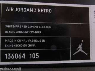 Nike Air Jordan 3 III Retro 2011 Cement Fire Red 136064 105 Sz 13 