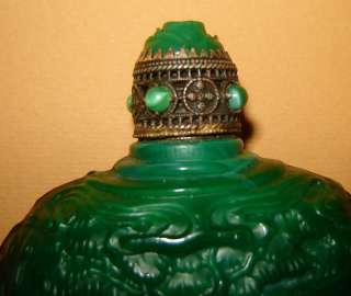ANTIQUE Stunning Perfume Glass Bottle GREEN Malachite Figures BRASS 