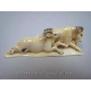  Okimono, two rams   Hippo Ivory