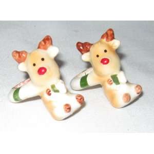  Set of 2 Ceramic Reindeer Candle Climber Huggers 
