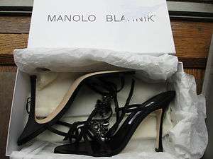 Manolo Blahnik heels black crepe fabric crystals silver 39.5   9 1/2 