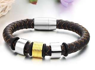 JBS25 Fashion Men Women 316L Stainless Steel Genuine Leather Bracelet 