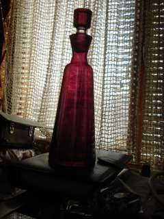 ANTIQUE CRANBERRY GLASS ETCHED DECANTER WITH CAP 9  