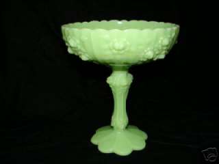   FENTON GLASS COMPOTE ~LIME GREEN ROSE DESIGN CANDY DISH~ ART GLASS