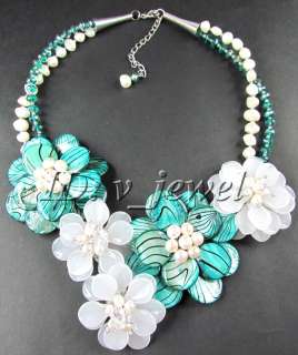 Zebra shell jade pearl flower necklace/earring set VJ  