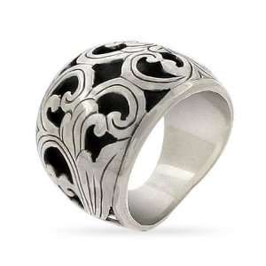 Wide Sterling Silver Bali Ring with Carved Floral Design Size 9 (Sizes 