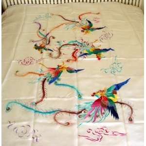  Chinese Silk Embroidery Bedspread Phoenix White 
